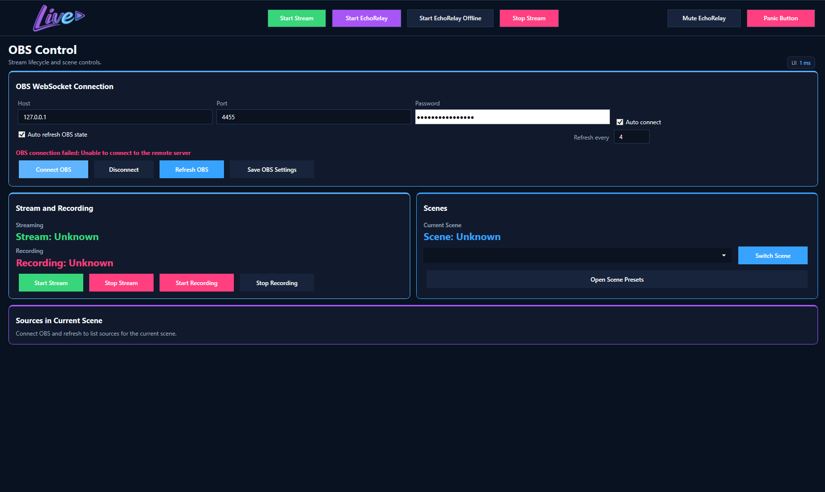 OBS Control screen in VROmniStreamer