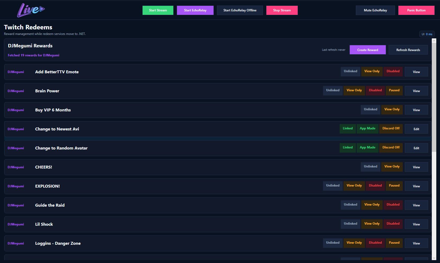 Twitch Redeems list in VROmniStreamer